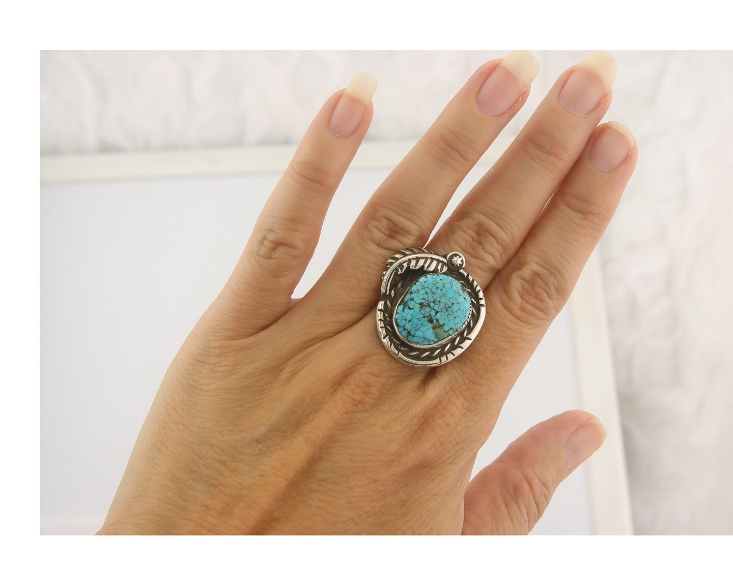 Vintage Navajo Ring 925 Sterling Authentic Turquoise Signed AO Size 7.0