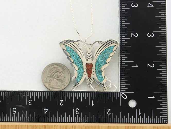 Navajo Butterfly Necklace Sterling Silver Turquoise & Coral Signed RP
