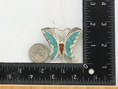 Navajo Butterfly Necklace Sterling Silver Turquoise & Coral Signed RP