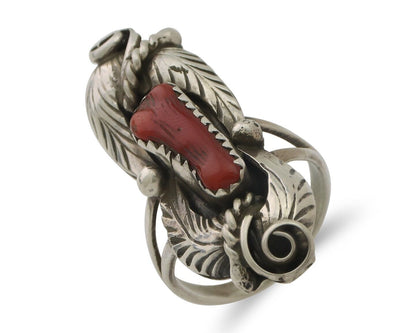 Navajo Handmade Ring 925 Silver Natural Mediterranean Coral Signed Duffy C.80's