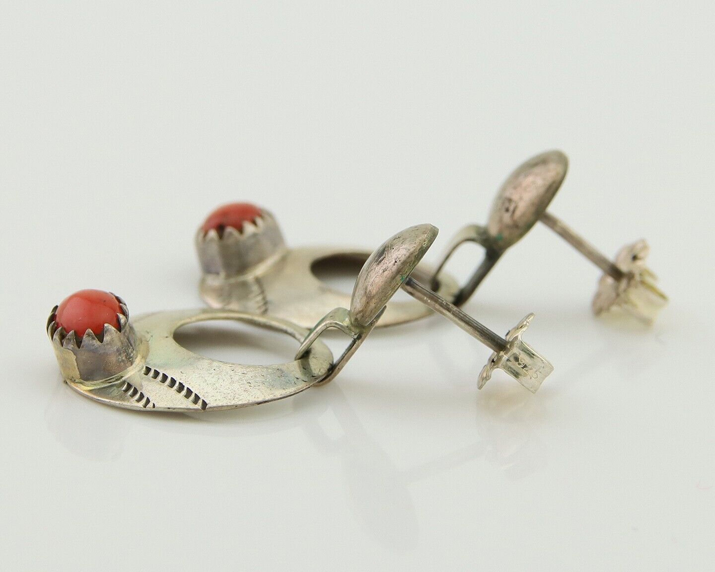 Navajo Earrings 925 Silver Natural Red Coral Artist Signed KF C.80's
