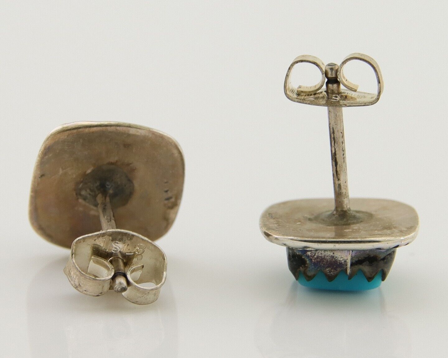 Navajo Hand Stampied Earrings 925 Silver Blue Turquoise Native Artist C.80's