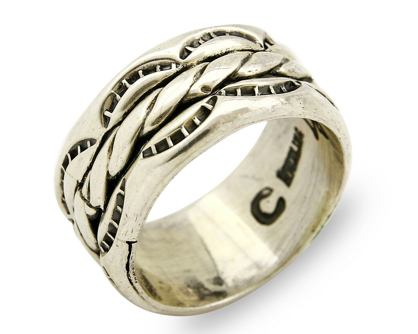 Navajo Ring .925 Silver Handmade Hand Stamped 3 Row Rope Band C.1980's