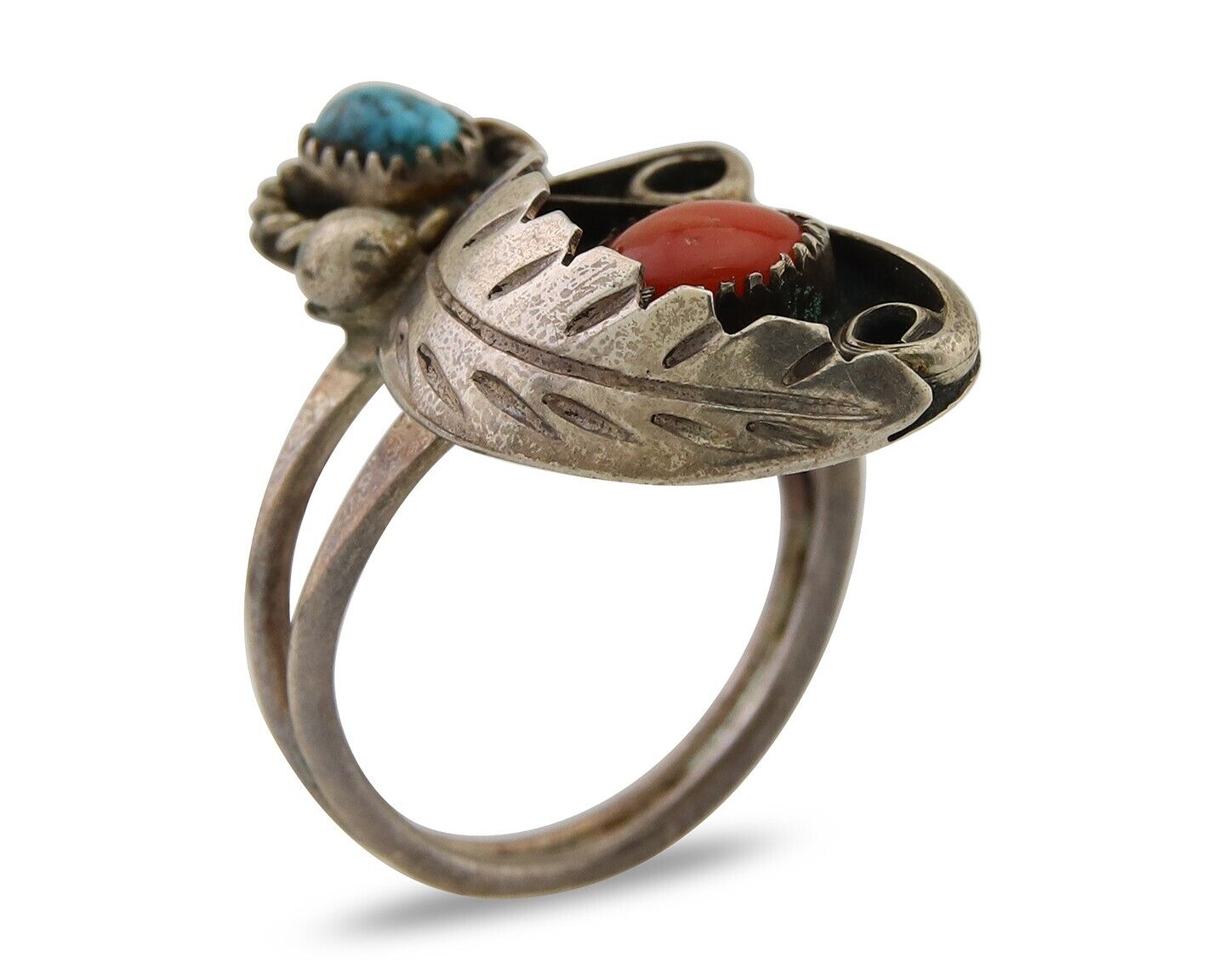 Navajo Handmade Ring 925 Silver Turquoise & Coral Native Artist C.80's