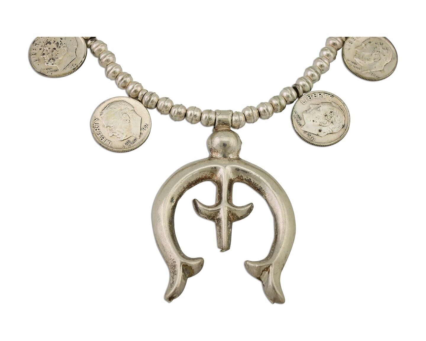 Old Navajo Silver Dime 925 Silver Bead Necklace Native Artist C.80's