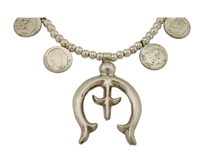 Old Navajo Silver Dime 925 Silver Bead Necklace Native Artist C.80's