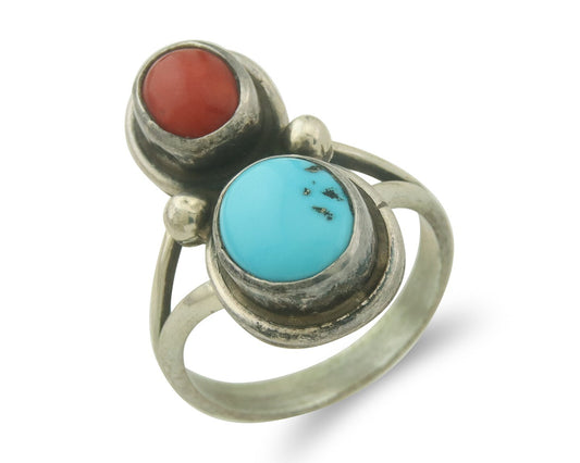 Vintage Navajo Ring 925 Sterling Natural Coral & Turquoise Native Artist Sz 7.0