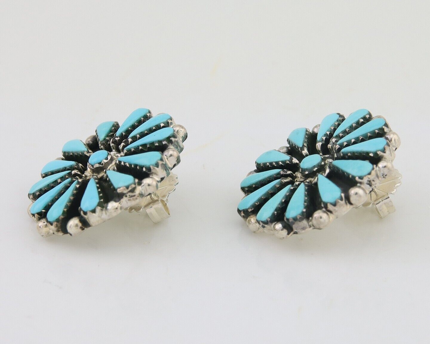 Navajo Petit Point Earrings 925 Silver Turquoise Signed Benson Yazzie C.80's