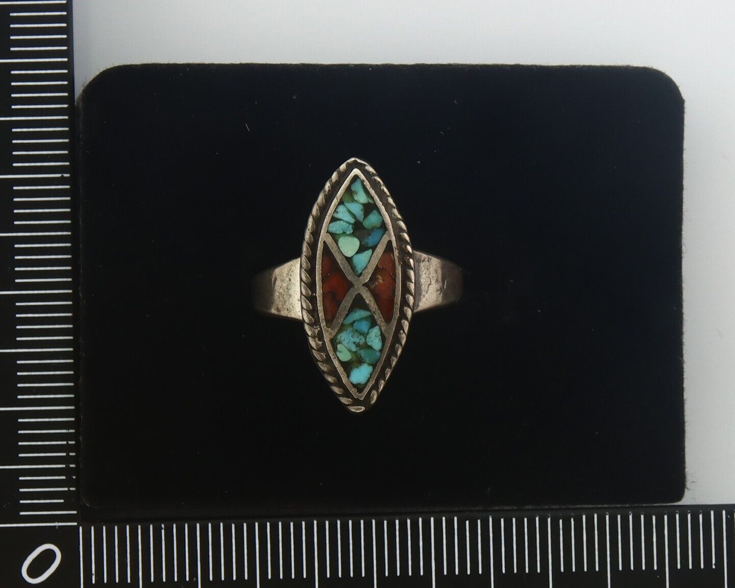Navajo Ring 925 Sterling Natural Chip Inlay Coral & Turquoise C.80's Size 5.25