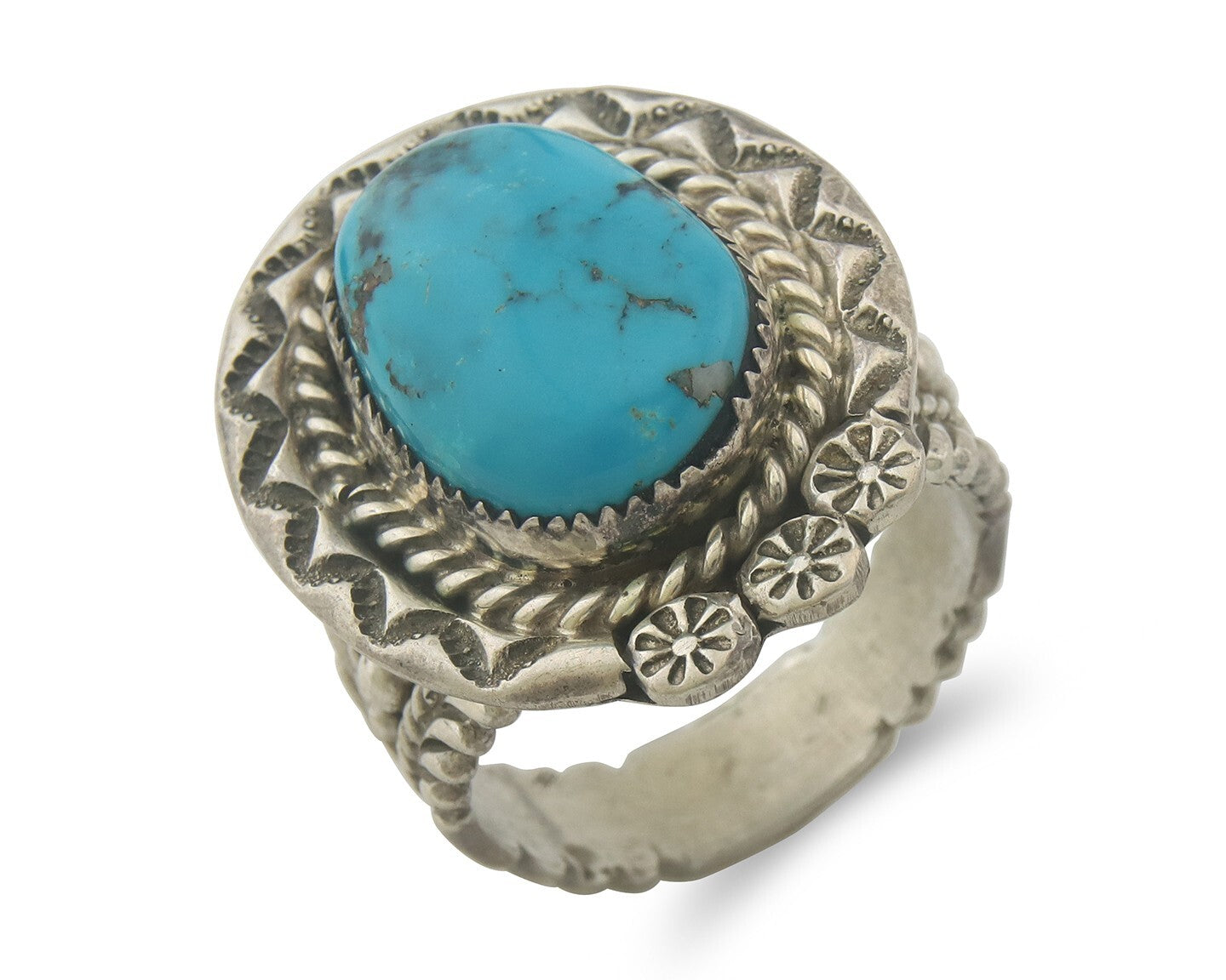 Vintage Navajo Ring 925 Sterling Authentic Turquoise Signed Snail Size 16