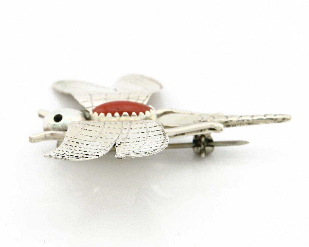 Navajo Pin Pendant .925 Silver Natural Coral Signed Artist Frank Yazzie C.80's
