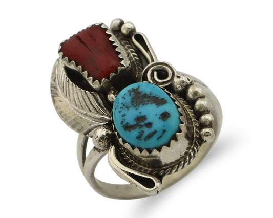 Navajo Ring .925 Silver Turquoise & Coral Artist Signed Justin Morris C.80's