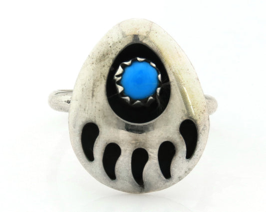Navajo Paw Ring Sterling Silver Blue Turquoise Vintage Native Artist Size 4.0