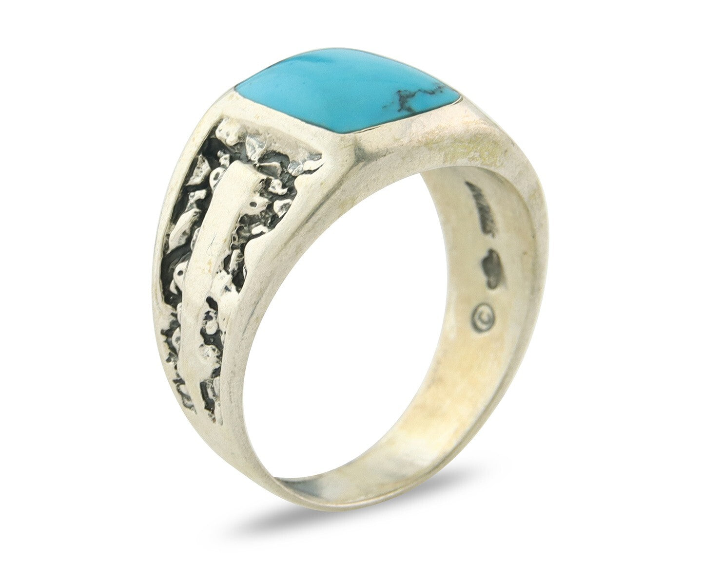 Men Vintage Nugget Ring 925 Sterling Turquoise Artist Signed SC Size 10.25