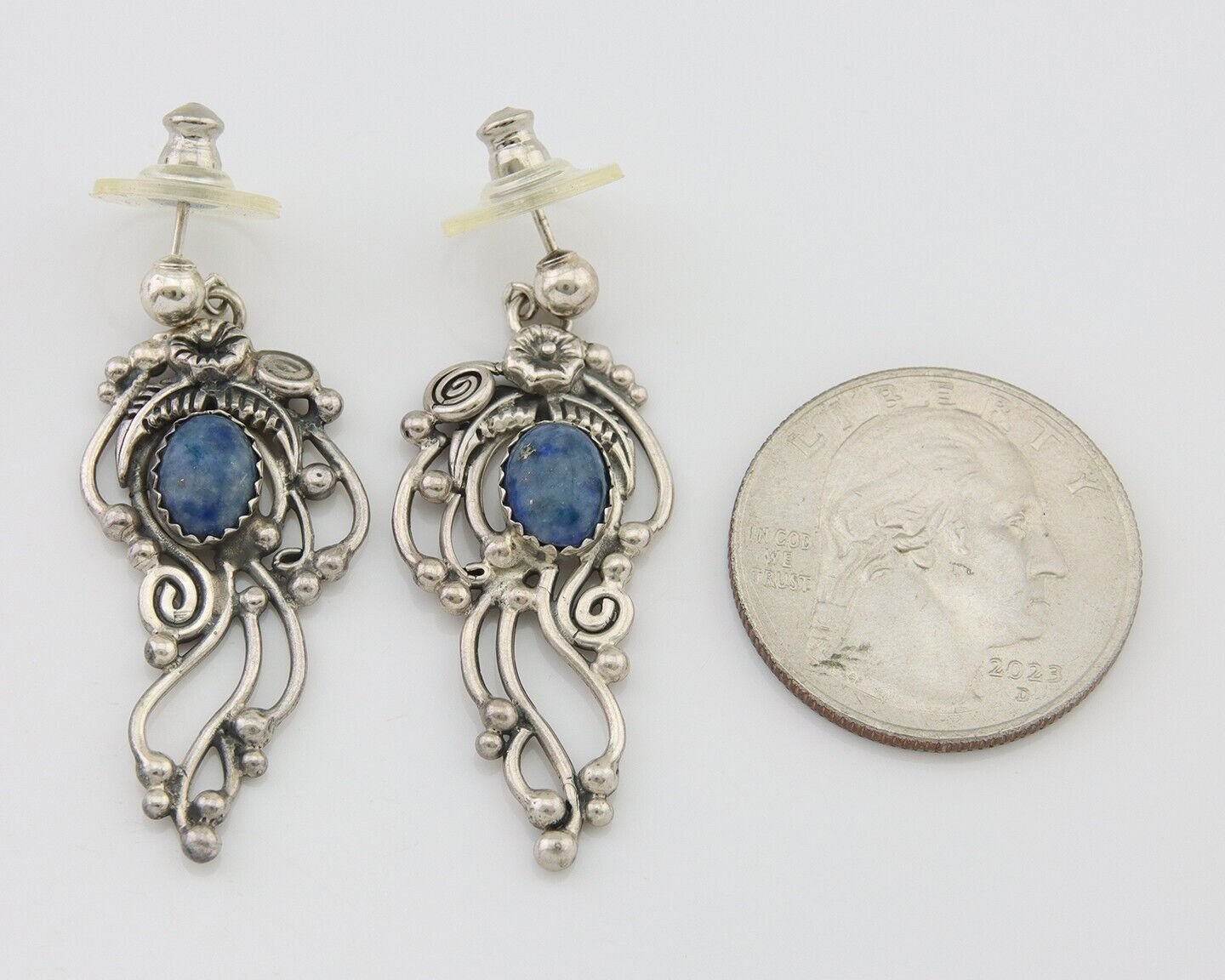 Navajo Dangle Earrings 925 Silver Natural Denim Lapis Native American Artist C80