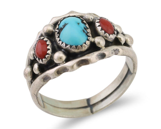 Navajo Ring 925 Silver Coral Turquoise Artist Signed Ella Cowboy C.80's