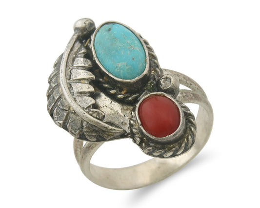 Navajo Ring 925 Sterling Natural Coral & Turquoise Native Artist C.80's Size 7.0