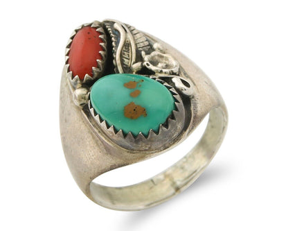 Navajo Ring 925 Sterling Turquoise & Coral Native Artist C.80's Size 6.5