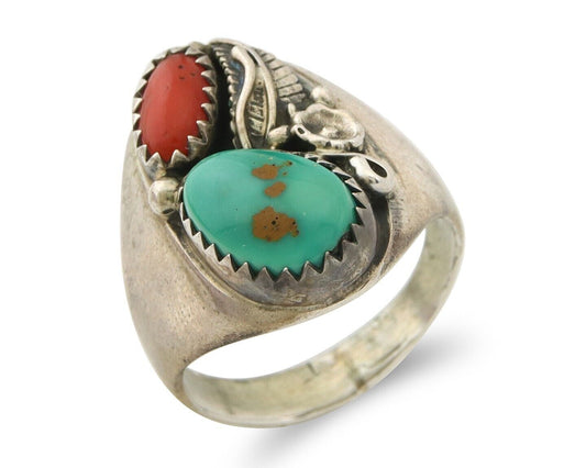 Navajo Ring 925 Sterling Turquoise & Coral Native Artist C.80's Size 6.5