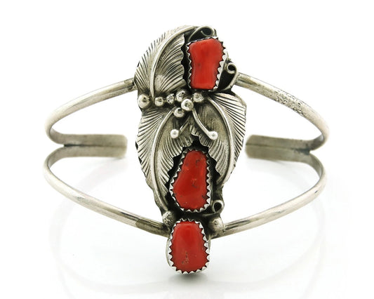 Navajo Cuff Bracelet 925 Sterling Silver Natural Coral Vintage Hamdmade