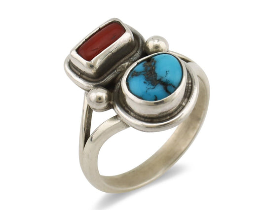 Navajo Ring 925 Silver SB Turquoise & Red Coral Native American Artist C.80s