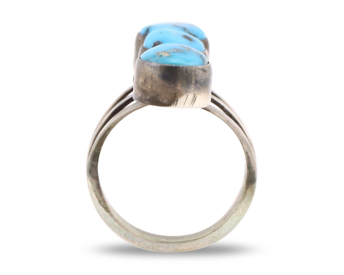 Navajo 3 Stone Ring 925 Silver Blue Turquoise Native American Artist C.80's