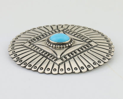 Navajo Pin 925 Silver Natural Turquoise Hand Stamped Native Artist C.80s
