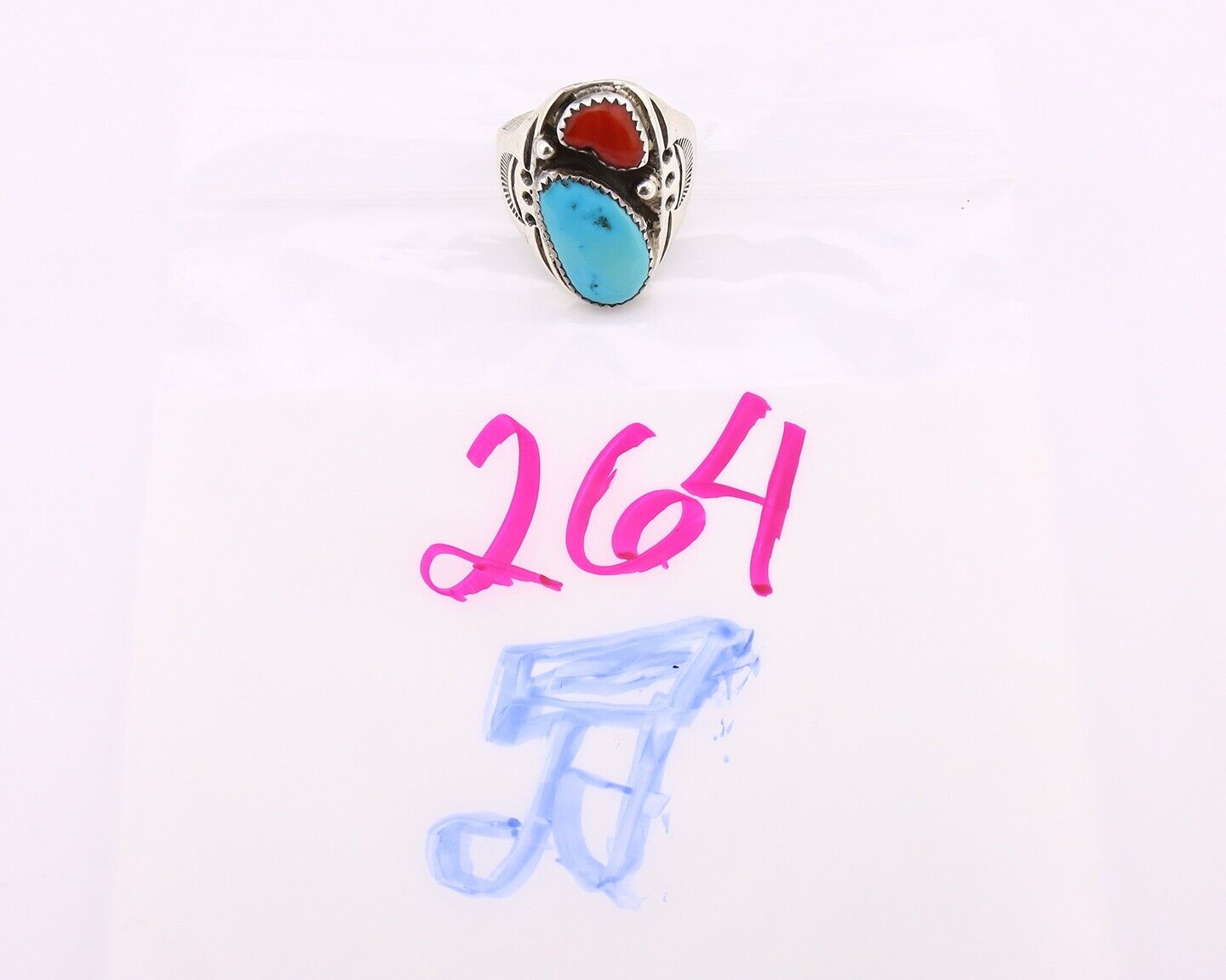 Navajo Ring 925 Silver Sleeping Beauty Turquoise & Coral Native Artist C.80s
