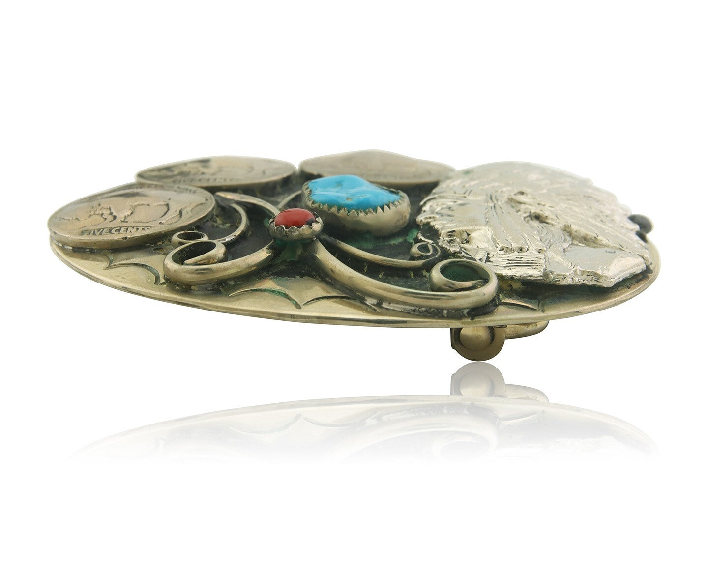 Navajo Belt Buckle .999 Nickel Buffalo Gemstone Signed Squaw Wray 2.5x3.0 in C80