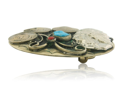 Navajo Belt Buckle .999 Nickel Buffalo Gemstone Signed Squaw Wray 2.5x3.0 in C80