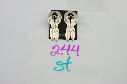 Navajo Feather Earrings 925 Silver Dangle Artist Signed DISHTA C.80's
