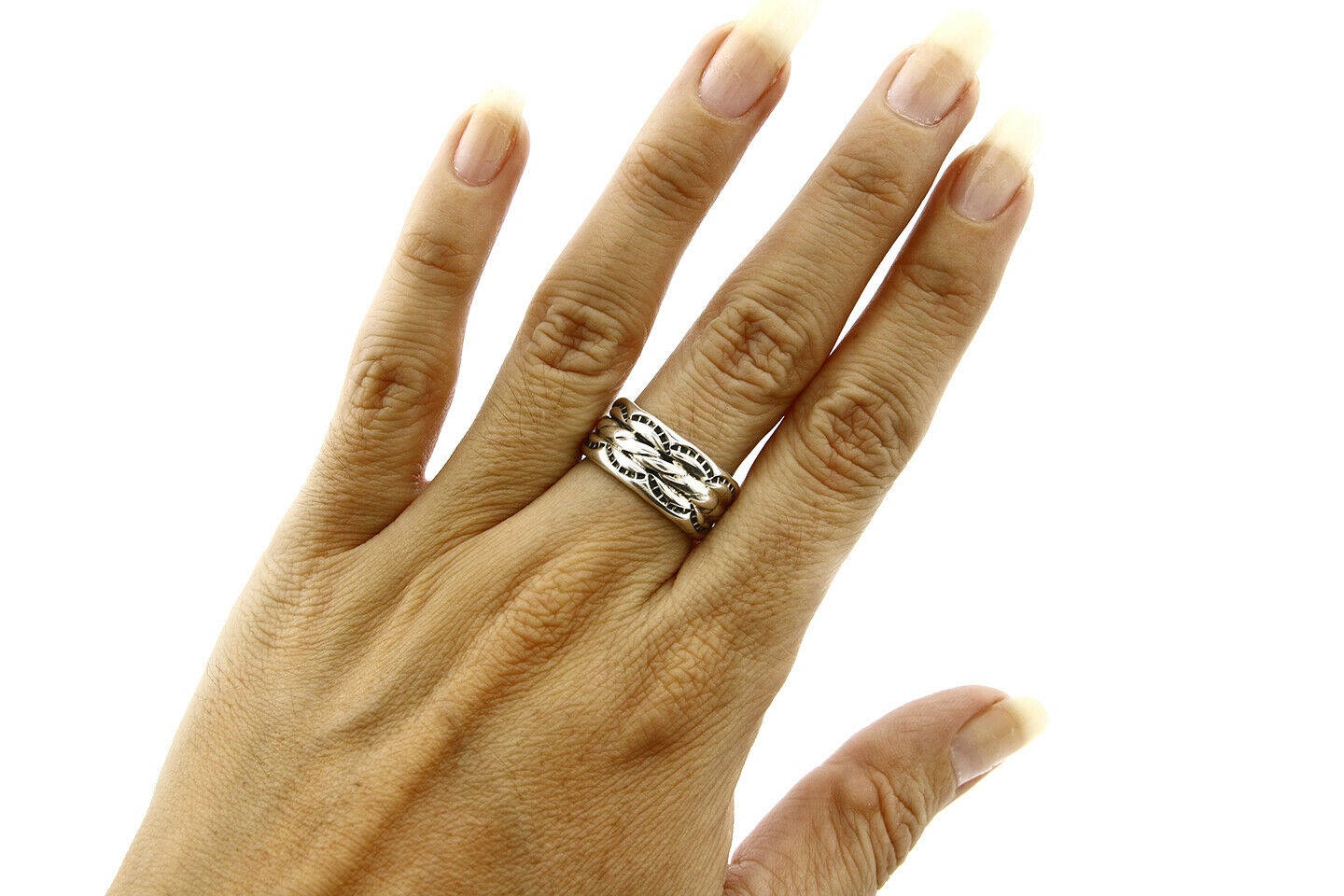 Navajo Ring .925 Silver Handmade Hand Stamped 3 Row Rope Band C.1980's Size 6.0