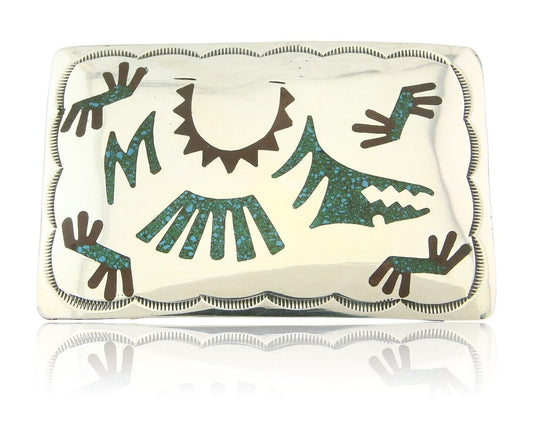 Vintage Navajo Belt Buckle 925 Silver Handmade Inlaid Gemstone Signed HB