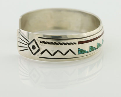 Navajo Inlay Bracelet 925 Silver Turquoise & Coral Signed Stanely Bain C.80's