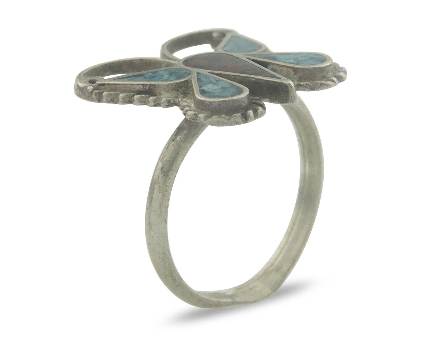 Navajo Ring 925 Silver Inlaid Butterfly Turquoise & Coral C.80's Size 5.0