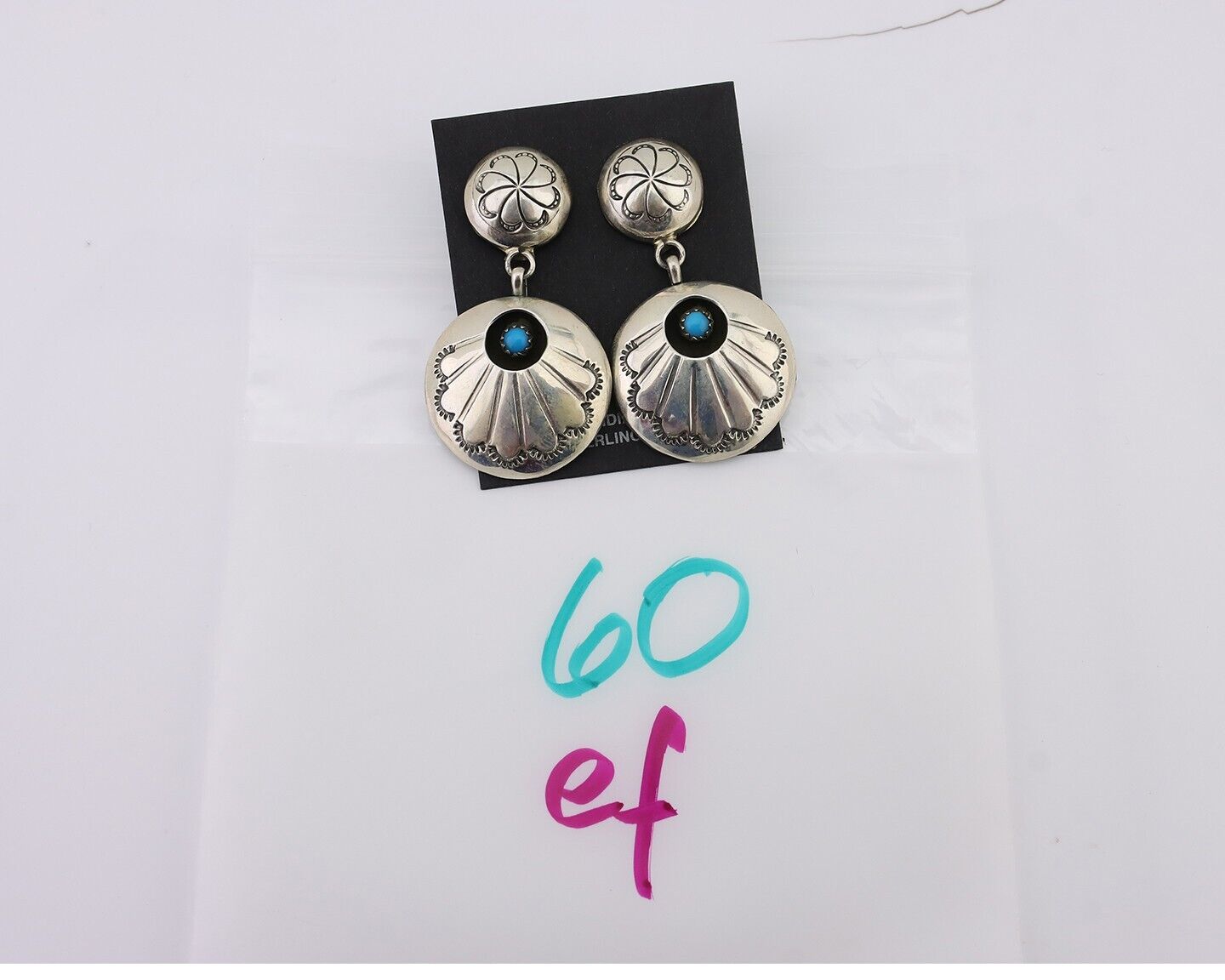 Navajo Dangle Earrings 925 Silver Natural Turquoise Native American Artist C.80s