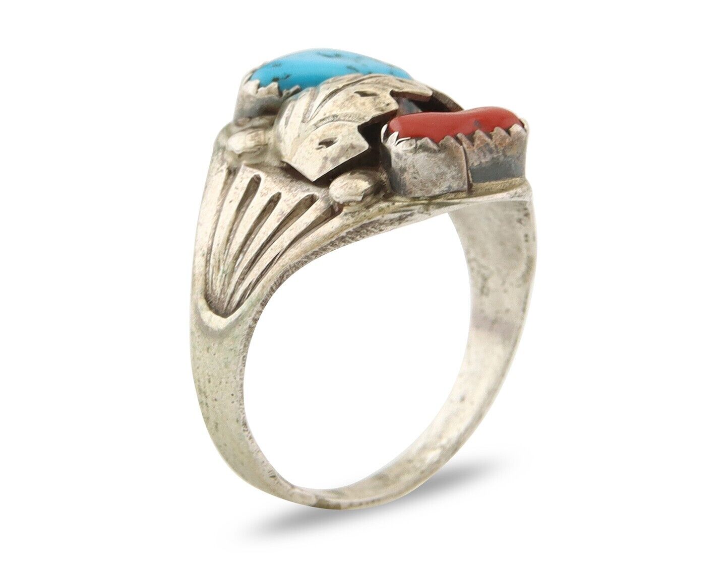 Navajo Ring 925 Sterling Turquoise & Coral Native Artist C.80's Size 7.5