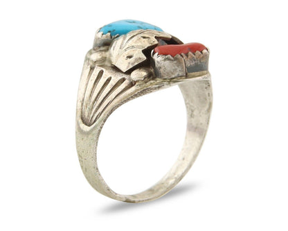 Navajo Ring 925 Sterling Turquoise & Coral Native Artist C.80's Size 7.5