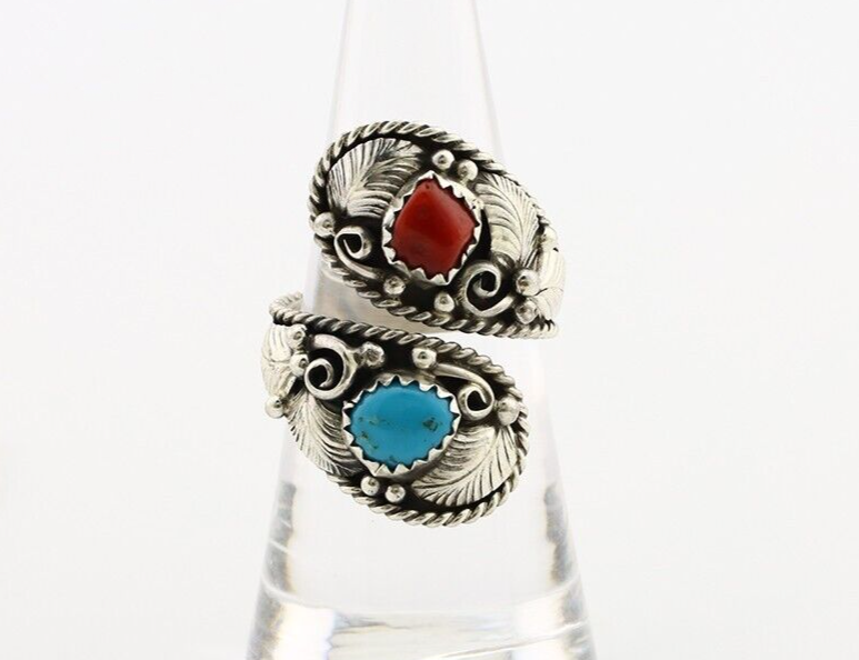 Navajo Adjustable Ring 925 Silver Turquoise & Coral Artist Signed Gecko C.80's