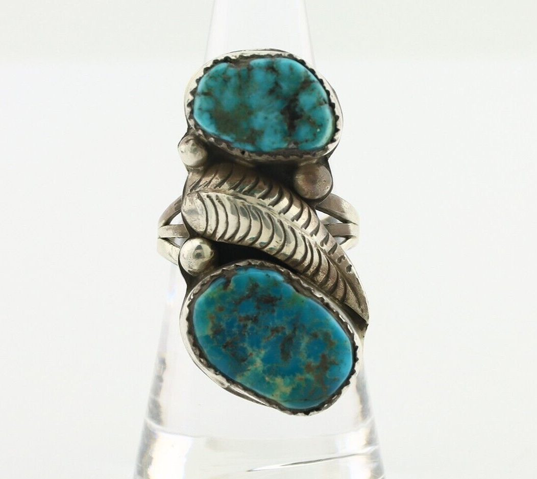 Navajo 2 Stone Ring 925 Silver Seafoam Turquoise Native American Artist C.80's