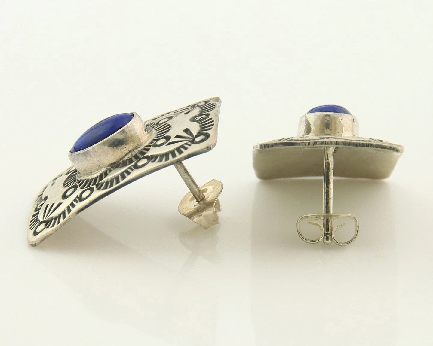 Navajo Concho Earrings Sterling Silver Lapis Vintage Native Artist