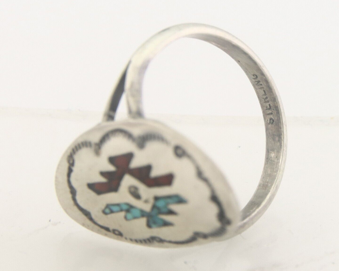 Navajo Ring 925 Sterling Natural Chip Inlay Coral & Turquoise C.80's Size 7.5