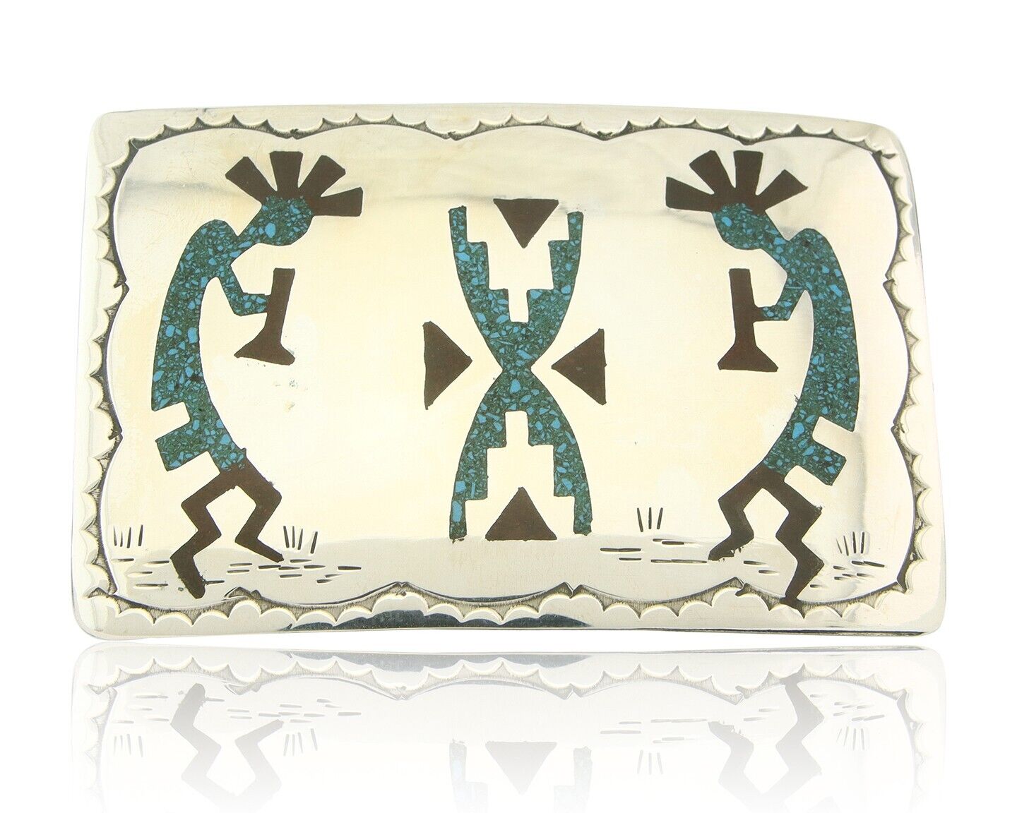 Vintage Navajo Belt Buckle 925 Silver Handmade Inlaid Gemstone Signed HB