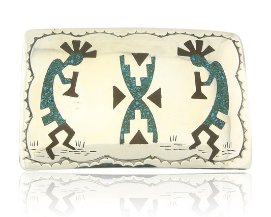 Vintage Navajo Belt Buckle 925 Silver Handmade Inlaid Gemstone Signed HB