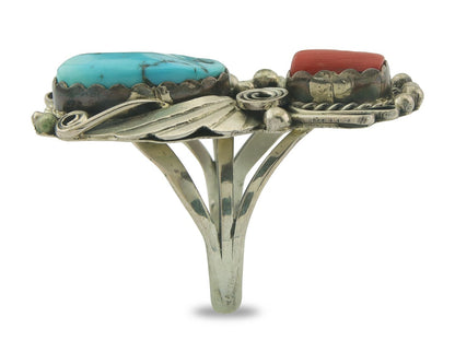 Navajo Ring 925 Sterling Natural Coral & Turquoise Signed JM C.80's Size 9.0