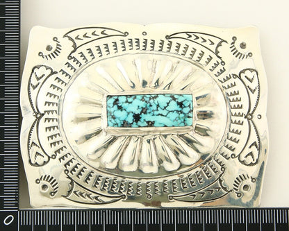 Navajo Belt Buckle 925 Sterling Silver Turquoise Artist Signed Tony Guerro C80s
