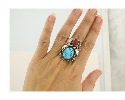 Navajo Ring 925 Sterling Natural Coral & Turquoise Signed JM C.80's Size 9.0