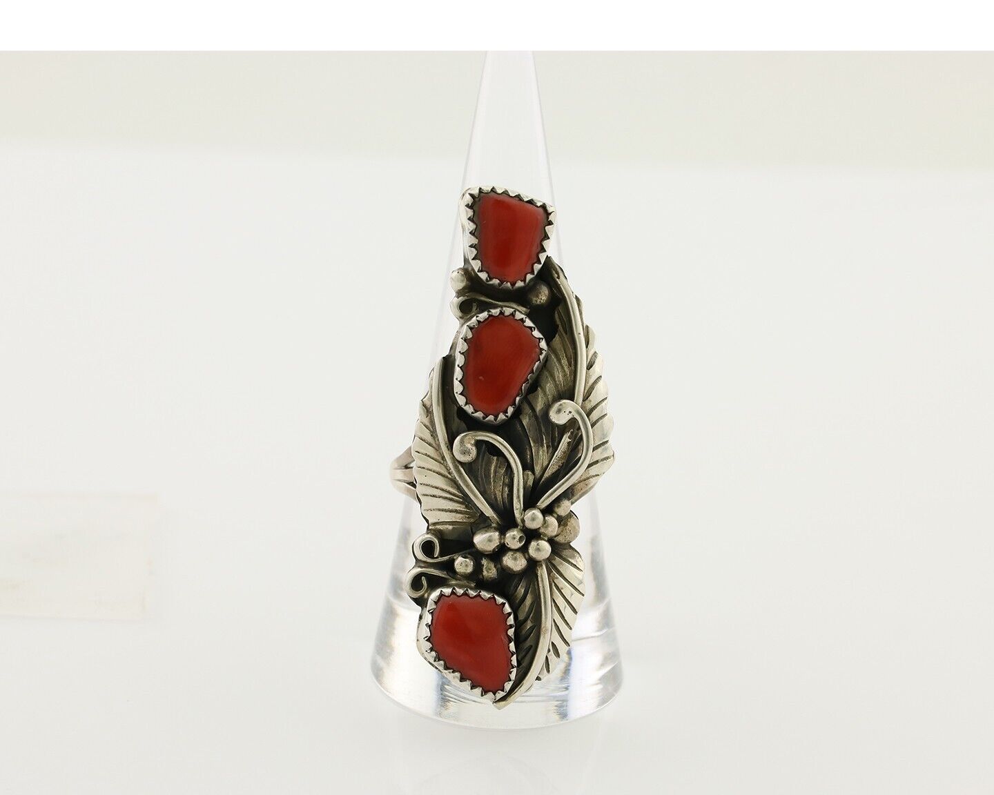 Navajo Ring 925 Silver Natural Mediterranean Coral Artist Signed JH C.80's