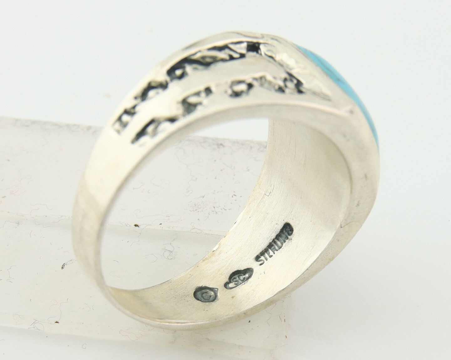 Men Vintage Nugget Ring 925 Sterling Turquoise Artist Signed SC Size 10.5