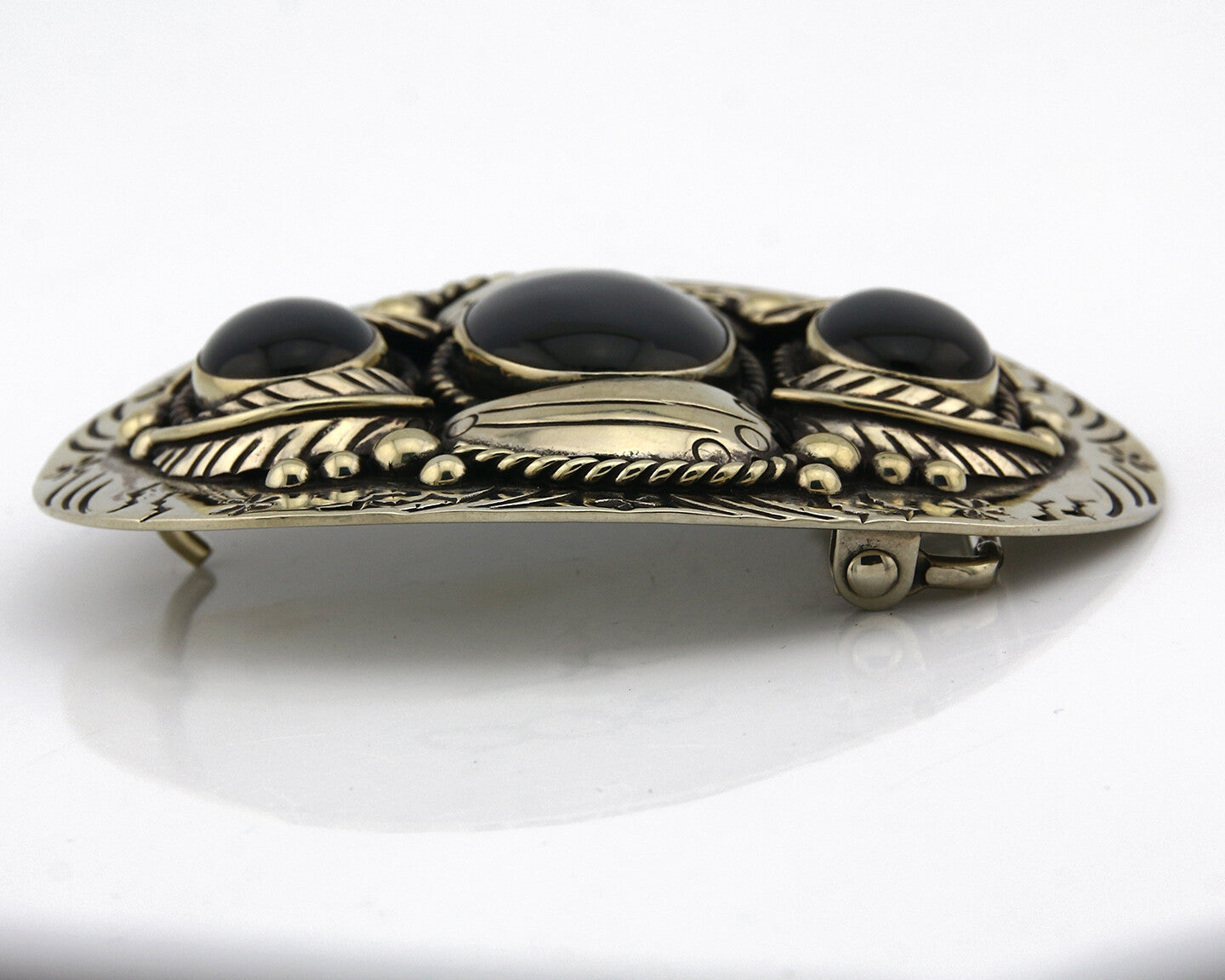 Navajo Handmade Belt Buckle .999 Nickle Silver Onyx Artist Signed Tipi C.80's